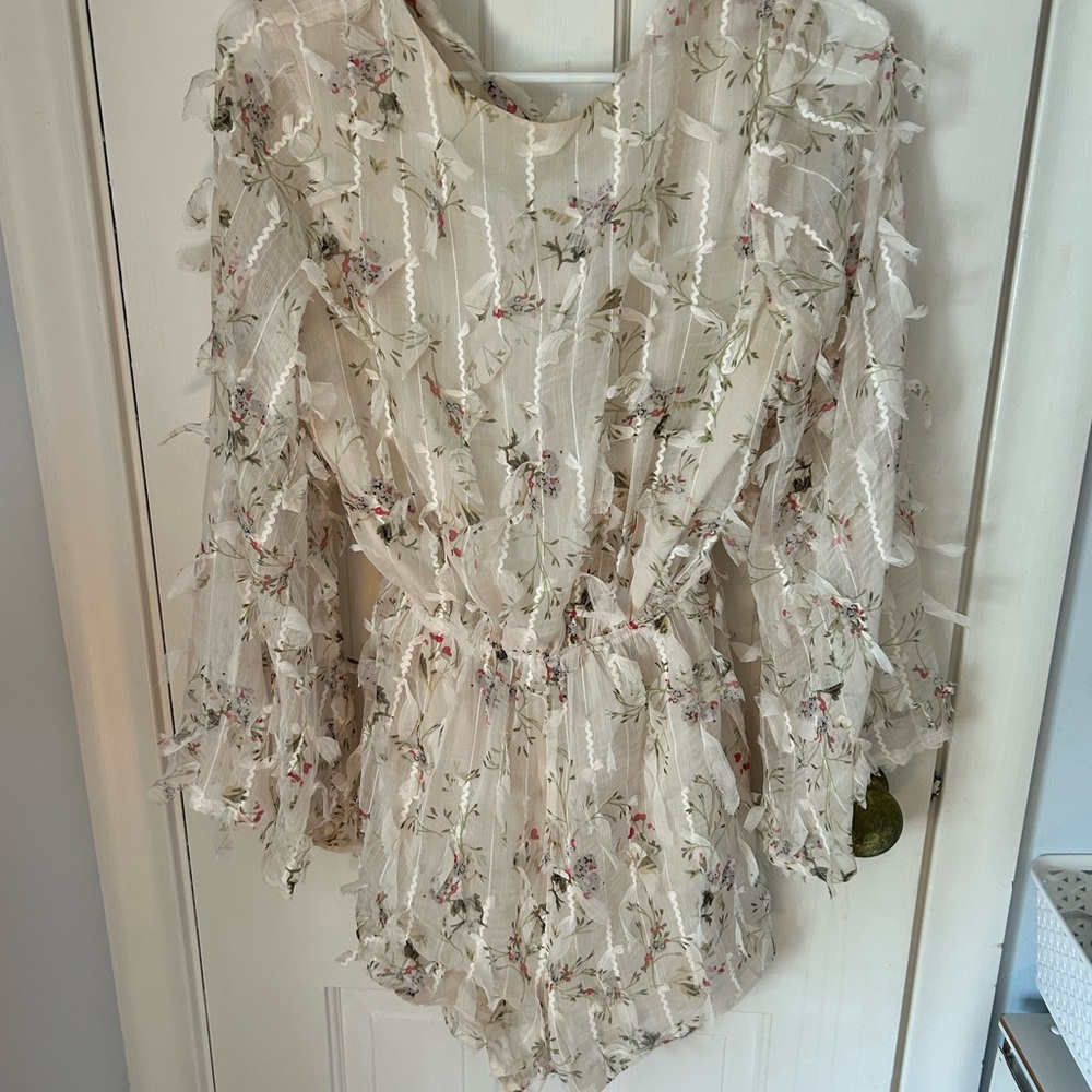Sheer Floral Ruffled Romper in Ivory with Pink & Green Accents